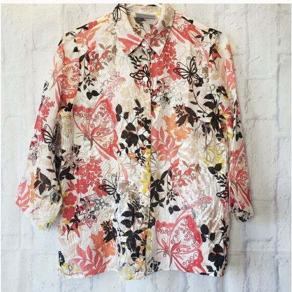 ALFRED DUNNER Semi Sheer Floral Button Down Blouse 8 Petite - Picture 1 of 8